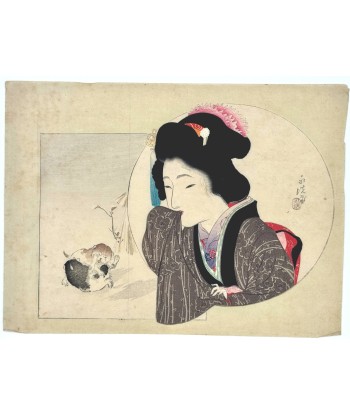 Estampe Japonaise de Tomioka Eisen | Femme et chiots s'amusant Comment ça marche