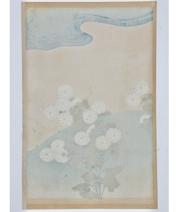 Estampe Japonaise Ecole Rinpa | Chrysanthèmes et vague bleue Pour