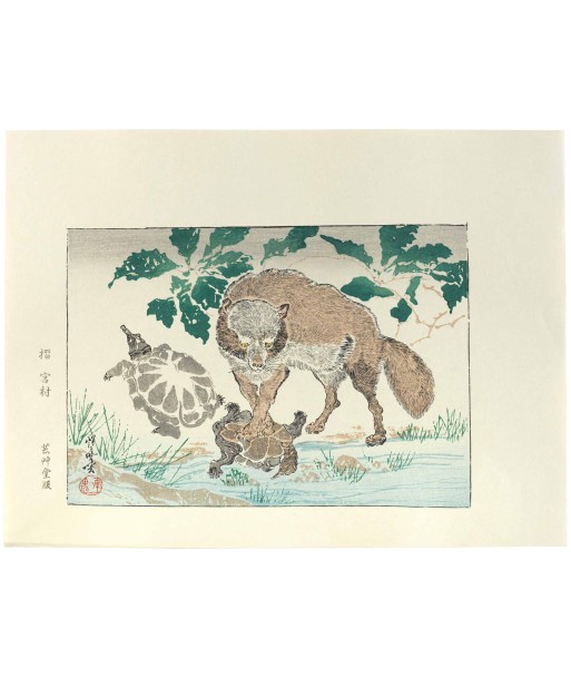 Estampe Japonaise de Kyosai | Tanuki et tortues Les magasins à Paris et en Île-de-France