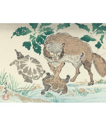 Estampe Japonaise de Kyosai | Tanuki et tortues Les magasins à Paris et en Île-de-France