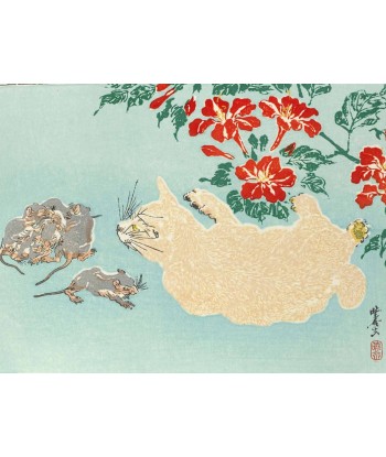 Estampe Japonaise de Kyosai | Chat et souris de votre