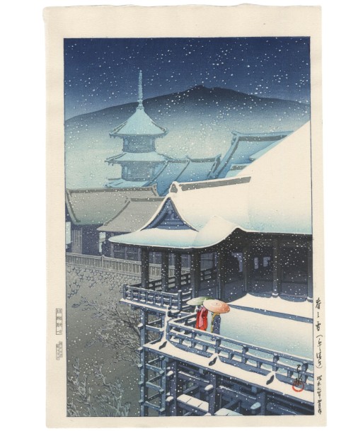 Estampe Japonaise de Hasui Kawase | Neige de printemps sur le Temple Kiyomizu, Kyoto les ctes