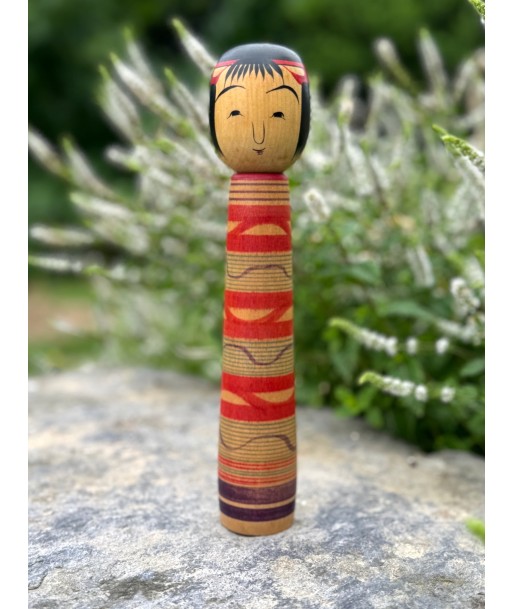 Kokeshi traditionnelle de Saito Hiromichi  | style - Tsuchiyu - Visage souriant la colonne vertébrale