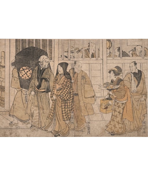 Estampe Japonaise de Toyokuni Utagawa | Série divertissement des acteurs, Marchande de gateaux la colonne vertébrale