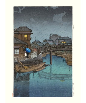 Pont sous la pluie à Ryoshimachi, Shinagawa de Hasui Kawase | Reproduction Fine Art de la marque