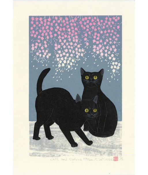 Estampe Japonaise de Nishida Tadashige | Chat Noir et Sakura Toutes les collections ici