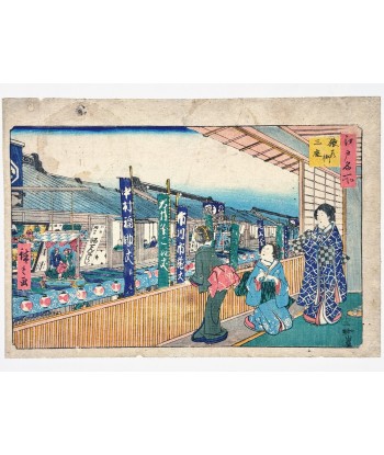 Estampe Japonaise de Hiroshige | Edo Meisho - Théâtres Kabuki à Saruwaka depuis une maison de thé pas cher 