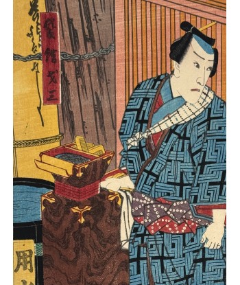 Estampe Japonaise de Kunisada | Scène de Kabuki, Le coiffeur Saizô paiement sécurisé