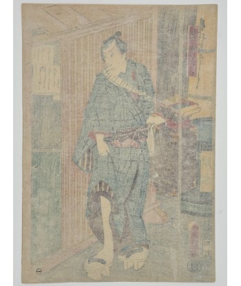 Estampe Japonaise de Kunisada | Scène de Kabuki, Le coiffeur Saizô paiement sécurisé