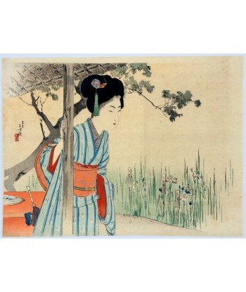 Estampe Japonaise Kuchi-e de Toshikata Mizuno | Jeune femme dans un jardin d'iris Economisez 